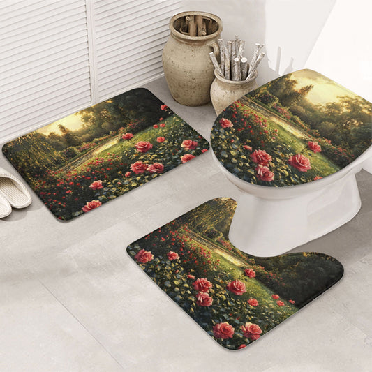 3-Piece Bathroom Rug Set with Rose Garden Design | Non-Slip Bath Mat, Contour Rug & Toilet Lid Cover (31.5x19.7in)