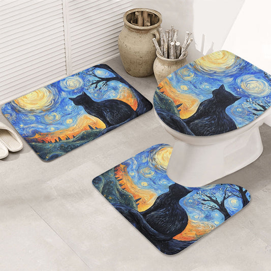 3-Piece Bathroom Rug Set with Starry Cat Design | Non-Slip Bath Mat, Contour Rug & Toilet Lid Cover (31.5x19.7in)