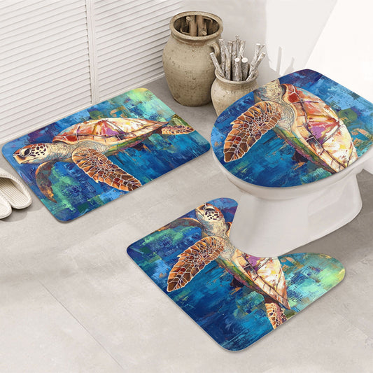 3-Piece Bathroom Rug Set with Sea Turtle Art Design | Non-Slip Bath Mat, Contour Rug & Toilet Lid Cover (31.5x19.7in)