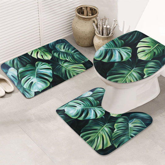 3-Piece Bathroom Rug Set with Tropical Monstera Leaf Design | Non-Slip Bath Mat, Contour Rug & Toilet Lid Cover (31.5x19.7in)